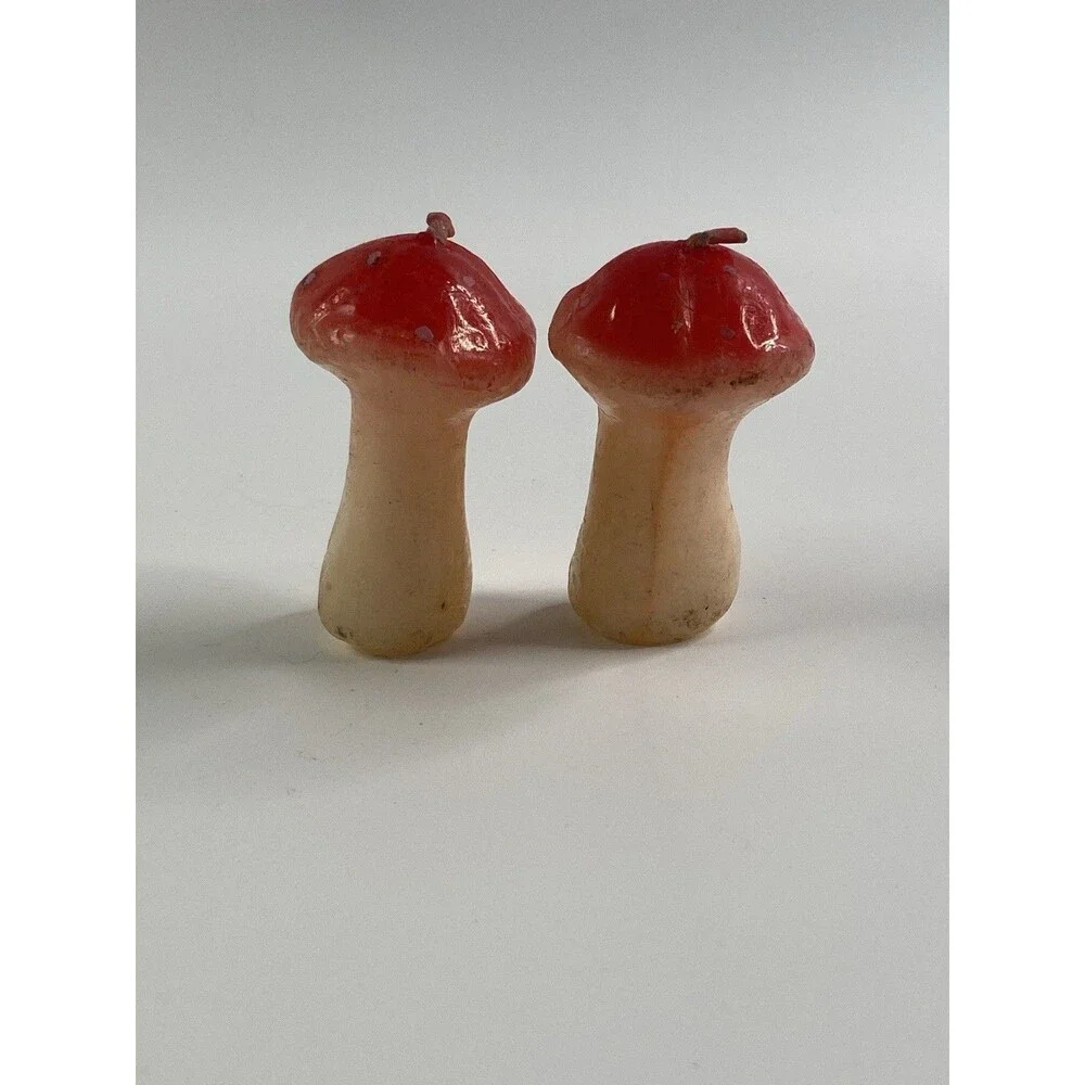 Vintage Mushroom Candles Set of 2 Red Toadstool Retro Cottagecore Decor MCM